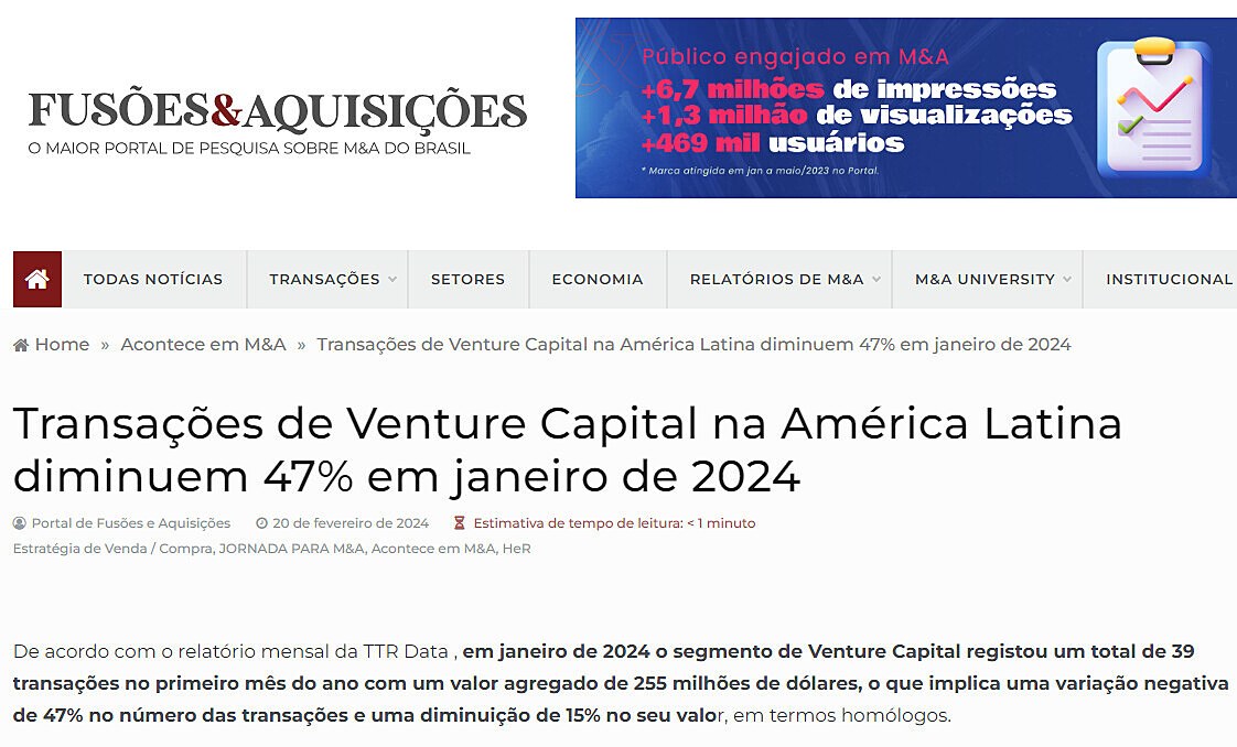Transações de Venture Capital na América Latina diminuem 47% em janeiro de 2024